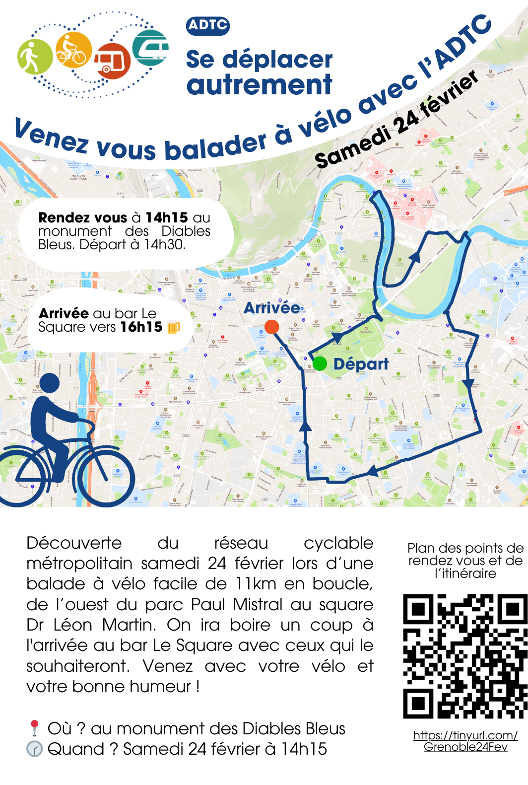 Balade découverte cyclable (11 km) à Grenoble, le 24 février 2024 après-midi